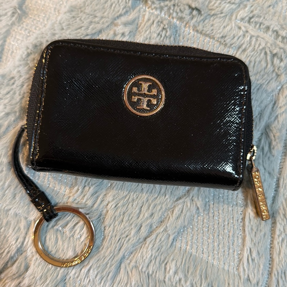 Tory Burch zip around keychain wallet black with gold hardware